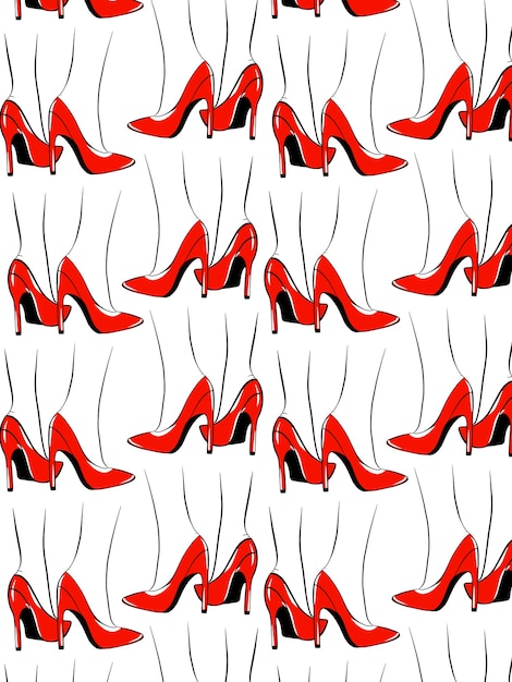 Fashion vector seamless pattern with red shoes on white background.