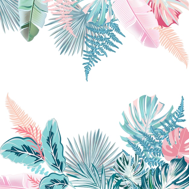 Fashion vector tropical leaves in blue and pink colors isolated on white