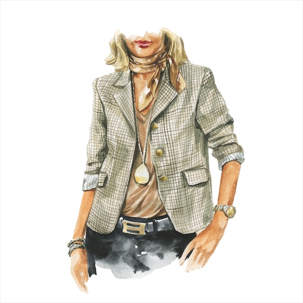 Vector fashion watercolor illustration of woman in business casual outfit with cup of coffee in hand. hand drawn painting of elegant suit. luxury look