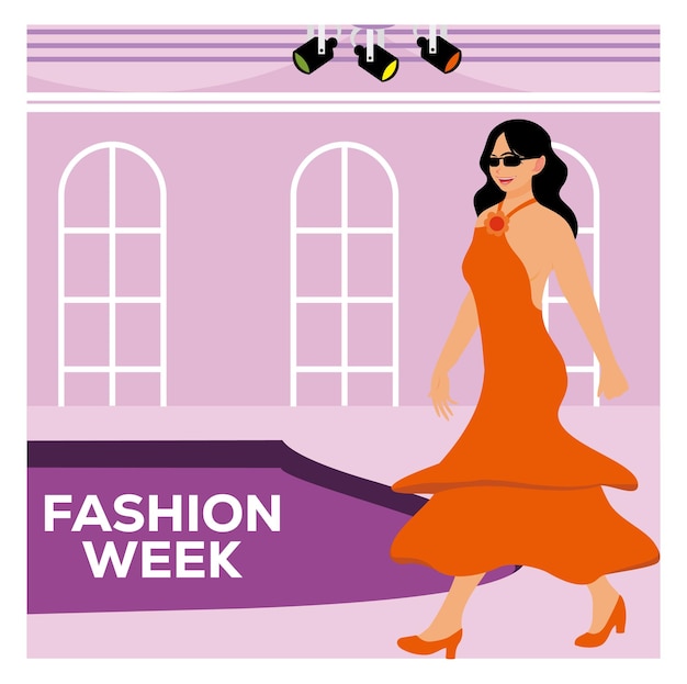 Fashion week event with beautiful women models walking on podium