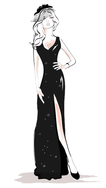 Vector fashion woman in black dress illustration