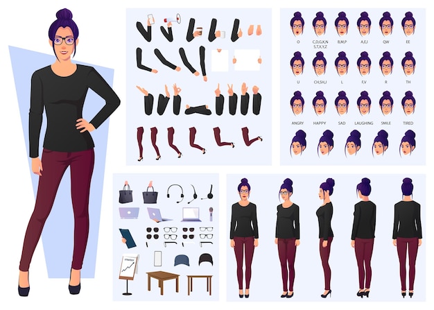 Vector fashion woman character design set, front, side, back view, poses, and gestures flat design