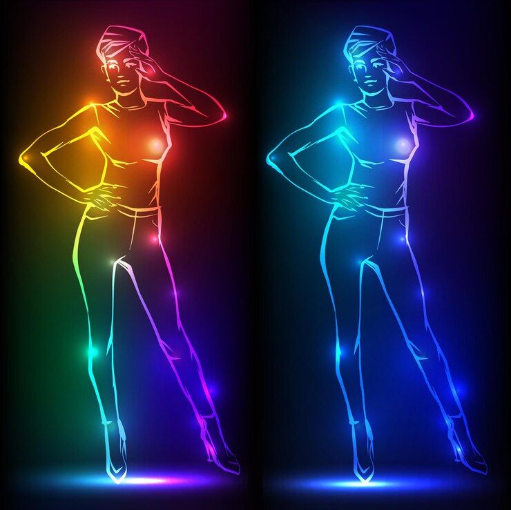 Vector fashion woman female model hand drawn fashion lady banner with neon silhouette of woman figure