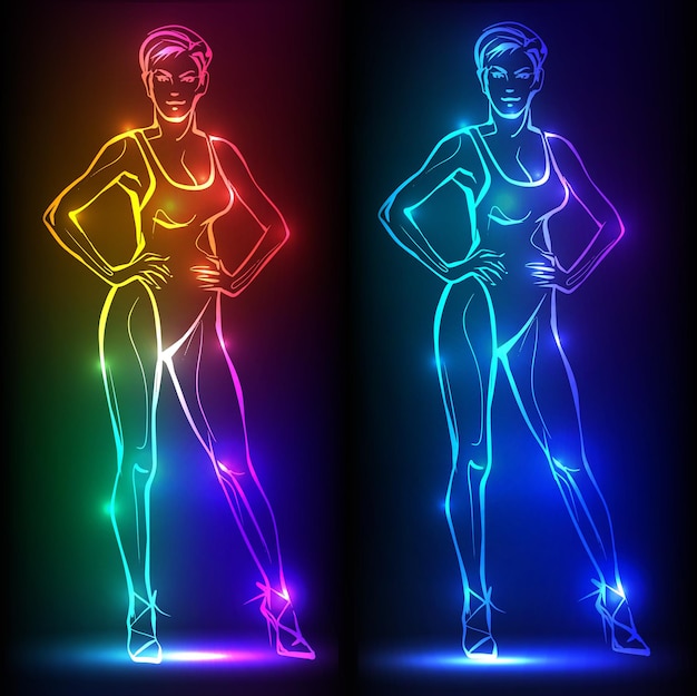 Vector fashion woman female model hand drawn fashion lady banner with neon silhouette of woman figure