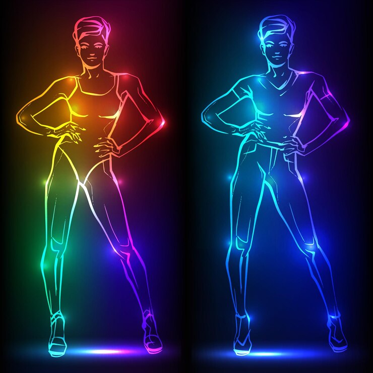 Vector fashion woman female model hand drawn fashion lady banner with neon silhouette of woman figure
