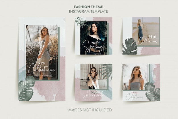 Vector fashion woman instagram stories template with tropical leaves
