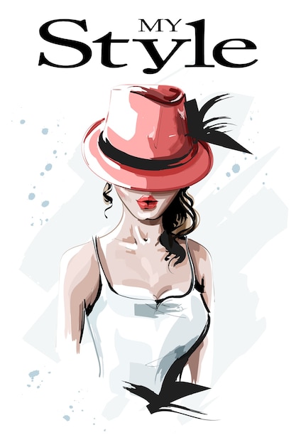 赤い帽子とクールなトップのファッションの女性