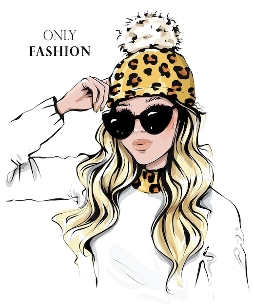 Vector fashion woman in sunglasses beautiful girl in knitted hat