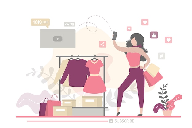 Fashion woman taking a selfie in a clothing store Female blogger makes a fashion video vector