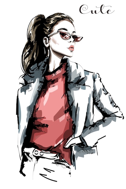 Vettore moda donna con occhiali da sole e cappotto fresco