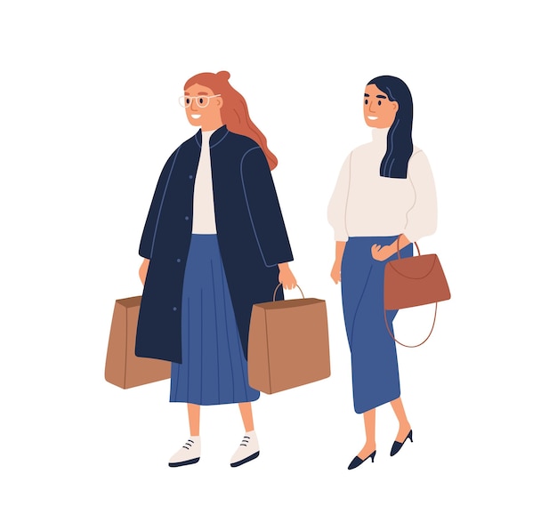 Donne di moda che comperano insieme. i giovani clienti moderni tengono le borse, gli acquirenti con gli acquisti vestiti con abiti alla moda. tempo di vendita nell'illustrazione piana di vettore del fumetto isolata su fondo bianco.