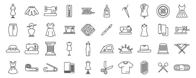 Vector fashion workshop icons set outline vector sewing factory