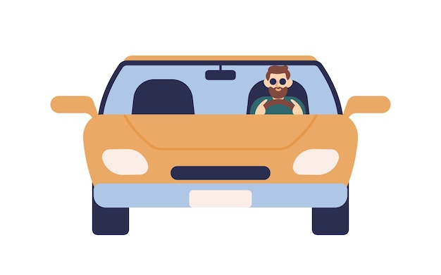 자동차 벡터 평면 삽화를 운전하는 선글라스를 쓴 세련된 수염난 남자. 흰색 배경에 고립 된 자동차 전면 보기에 남성 드라이버. 성공적인 남자는 교통수단에 바퀴를 타고 있습니다.