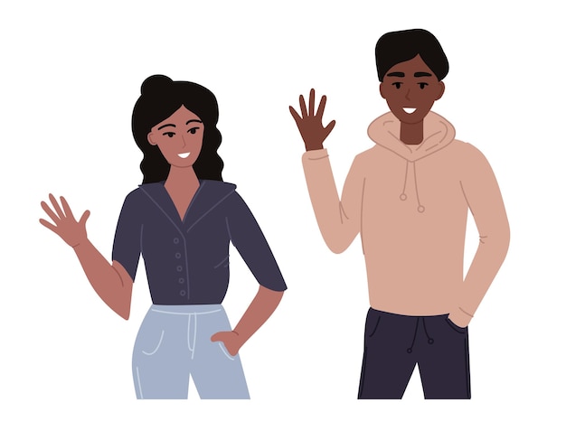 Vector fashionable black girl with curly hair and a guy waving hand.