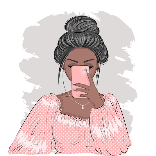 Vector fashionable brunette takes selfies with smartphone fashion style print for textiles packaging cards vector illustration