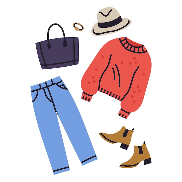 Vector fashionable casual outfit trendy fall or spring clothing jeans sweater and hat stylish outlook flat vector illustration trendy season clothes