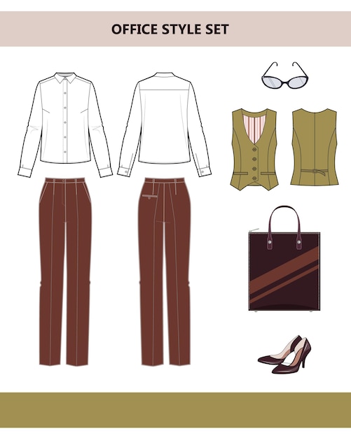 Вектор Модная одежда для офиса. женский костюм для офиса. брюки и кофточка. векторная иллюстрация плоский на белом фоне.