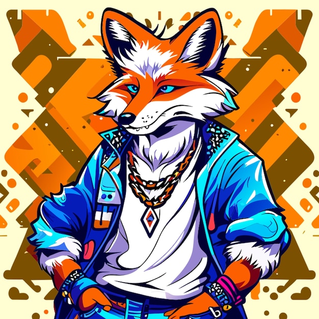 fashionable cool fox full body wearing street style tshirt graphic design art flat illustration