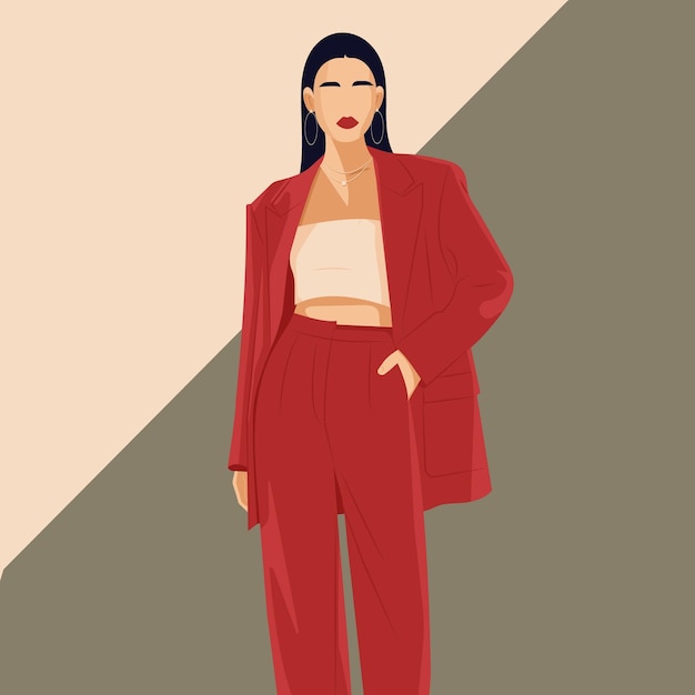 Fashionable faceless woman in a red oversized suit Minimalist vector illustration