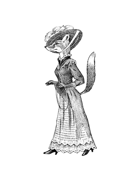 Vector fashionable fox in clothes antique lady victorian dame ancient retro clothing woman in dress vintage