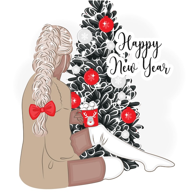 Модная девушка в канун Рождества с елкой и чашкой зефира модная векторная иллюстрация