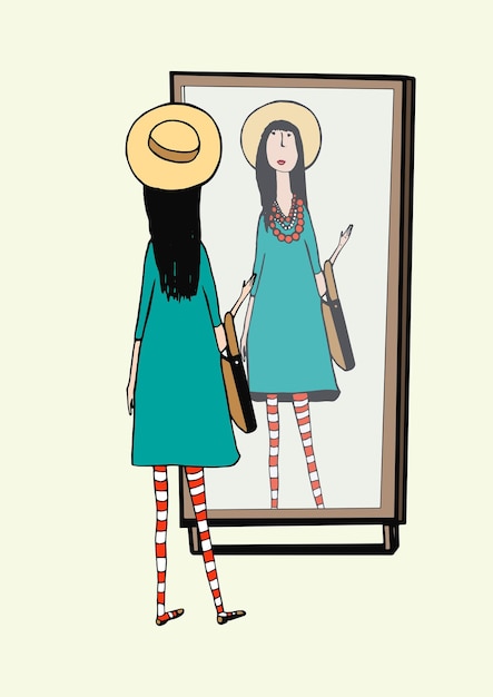 Vector fashionable girl looks in mirror. woman with stylish, retro accessories hat, striped tights, handbag. hand drawn vector illustration.