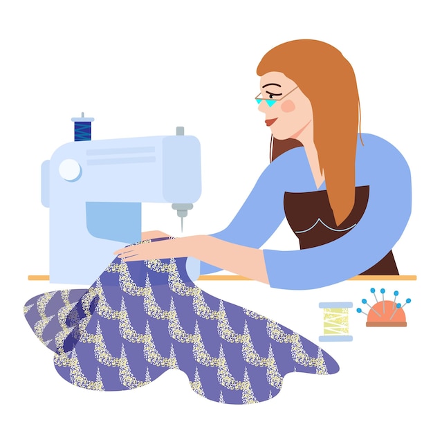 Fashionable girl seamstress dressmaker sews a stylish dress on a sewing machine. Vector illustration