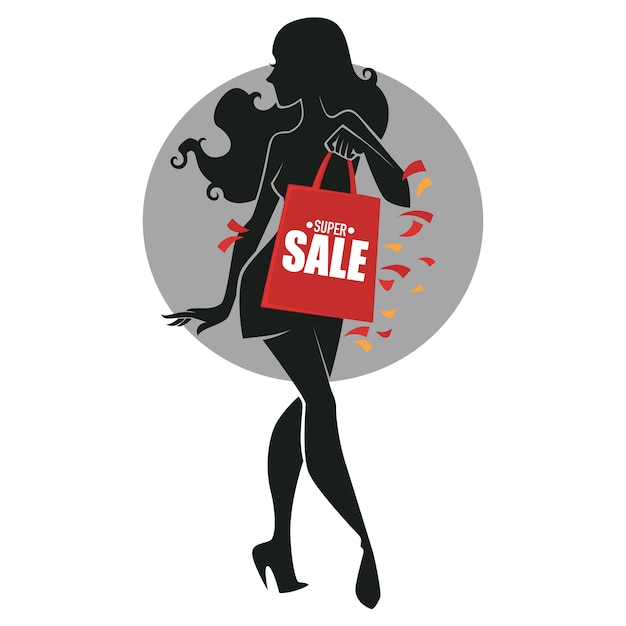 Vector fashionable girl silhouette with shopping bag, for your sale company