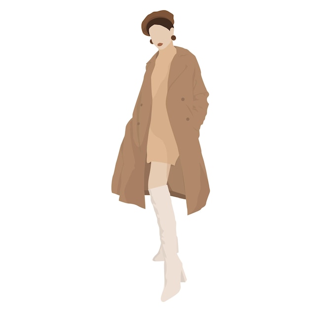 Vector fashionable girl, stylish girl in a coat and boots, the girl in the hat