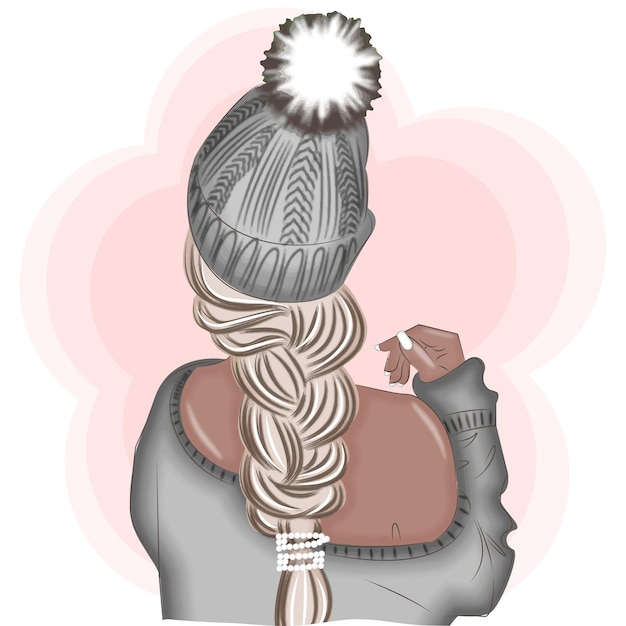 Fashionable girl in winter hat back view print vector illustration