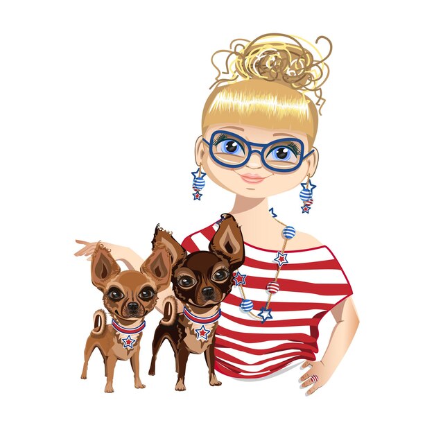 Vector fashionable girl with a little dog