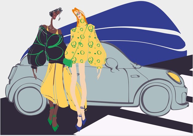 Модные девушки на фоне автомобиля Уличный стиль Интернациональная дружба