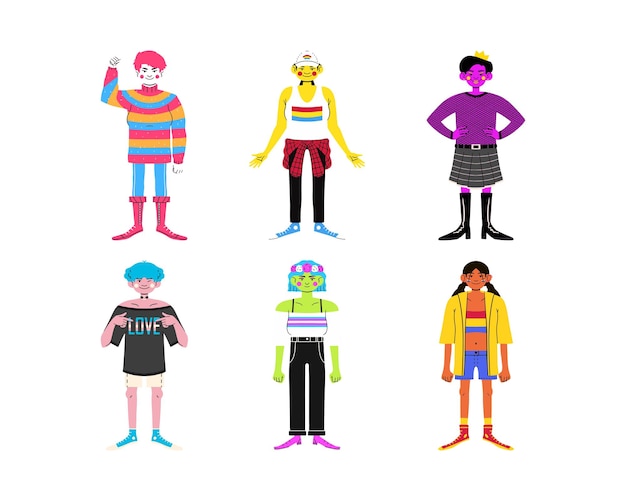 Vector fashionable girls and boys in colorful clothes flat vector illustration isolated on white backgroun