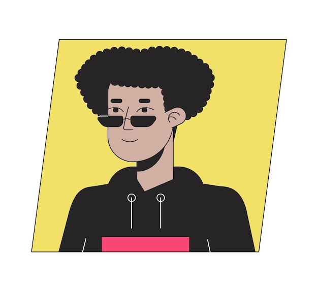 Uomo ispanico alla moda con occhiali da sole icona avatar a colori piatti ritratto utente 2d modificabile illustrazione lineare profilo visivo vettoriale isolato clippart testa e spalle della persona userpic