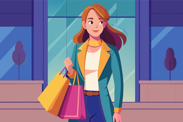 Vector fashionable lady with shopping bags strolling in the evening