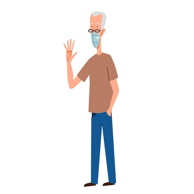 Vector a fashionable man in a medical mask greets friendly greeting of an elderly person