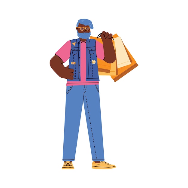 Fashionable man stands holding shopping bags flat illustration