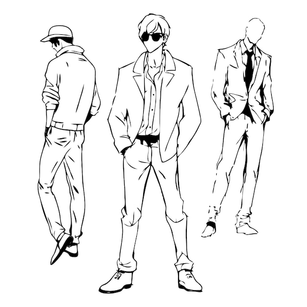 Vector fashionable men sketch collection casual fashion illustrations on white background