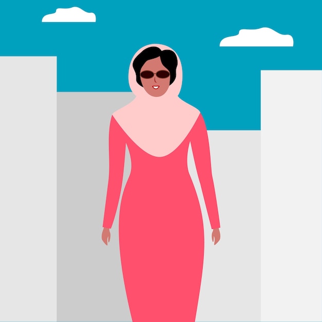 Fashionable muslim woman in dark glasses on the background of the city flat vector