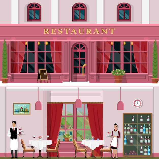 Fashionable restaurant set with interior and exterior, waiters and waitress.