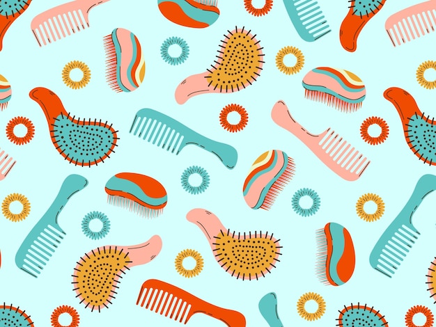 Fashionable seamless pattern with various combs hair ties Barbershop or barbershop background