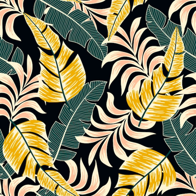 Fashionable seamless tropical pattern with bright colorful plants and leaves on a dark background