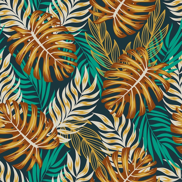 Fashionable seamless tropical pattern with bright colorful plants and leaves on a dark green