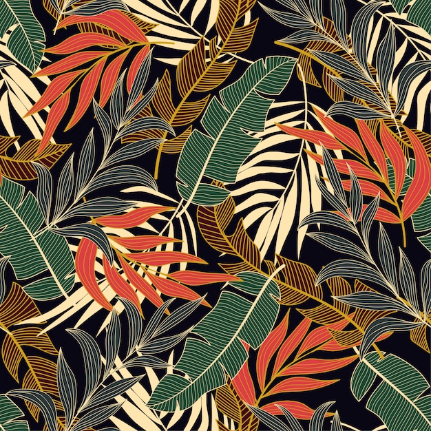 Fashionable seamless tropical pattern with bright green plants and leaves