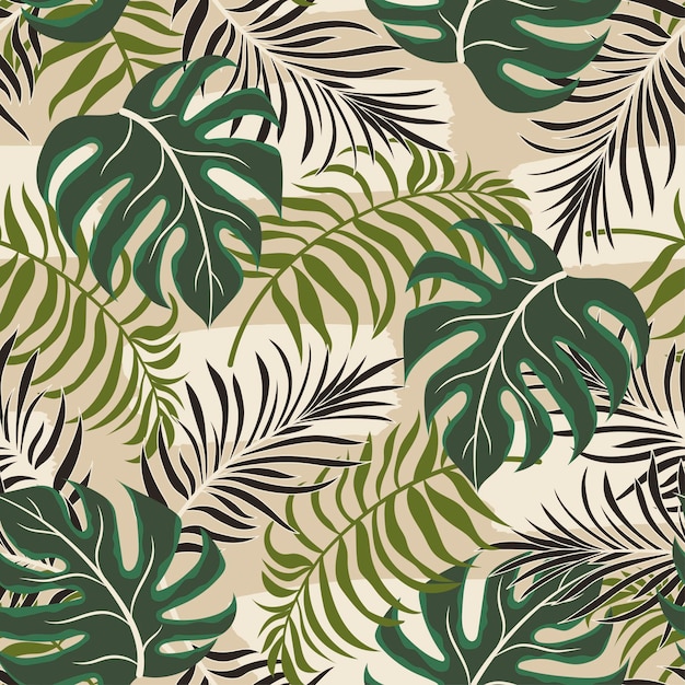 Fashionable seamless tropical pattern with bright plants and leaves on a beige background