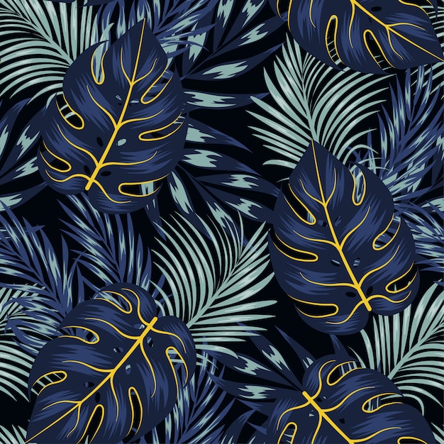 Fashionable seamless tropical pattern with bright plants and leaves on a black background