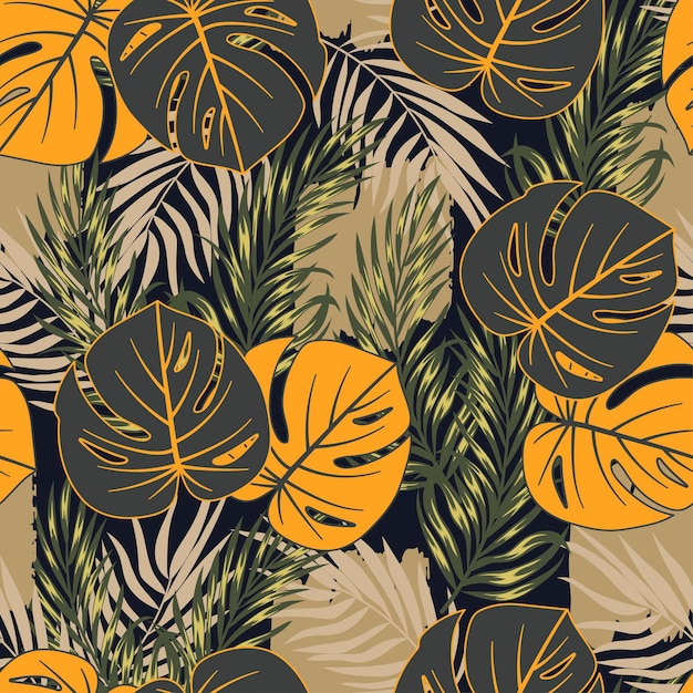 Fashionable seamless tropical pattern with bright plants and leaves on a black background