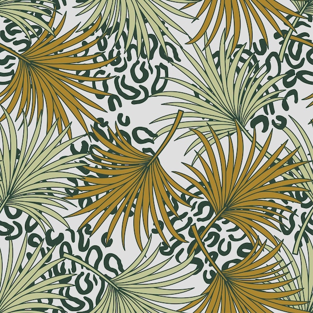 Fashionable tropical seamless pattern with bright plants and leaves on a light background