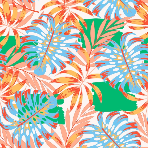 Fashionable tropical seamless pattern with bright plants and leaves on a white background