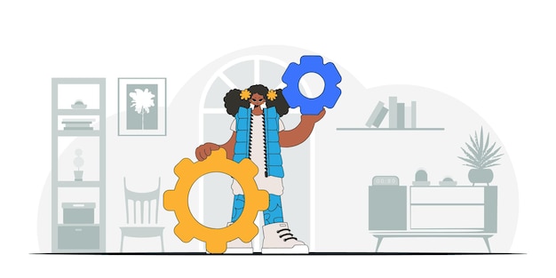 Fashionable woman holding gears Illustration on the theme of the appearance of an idea